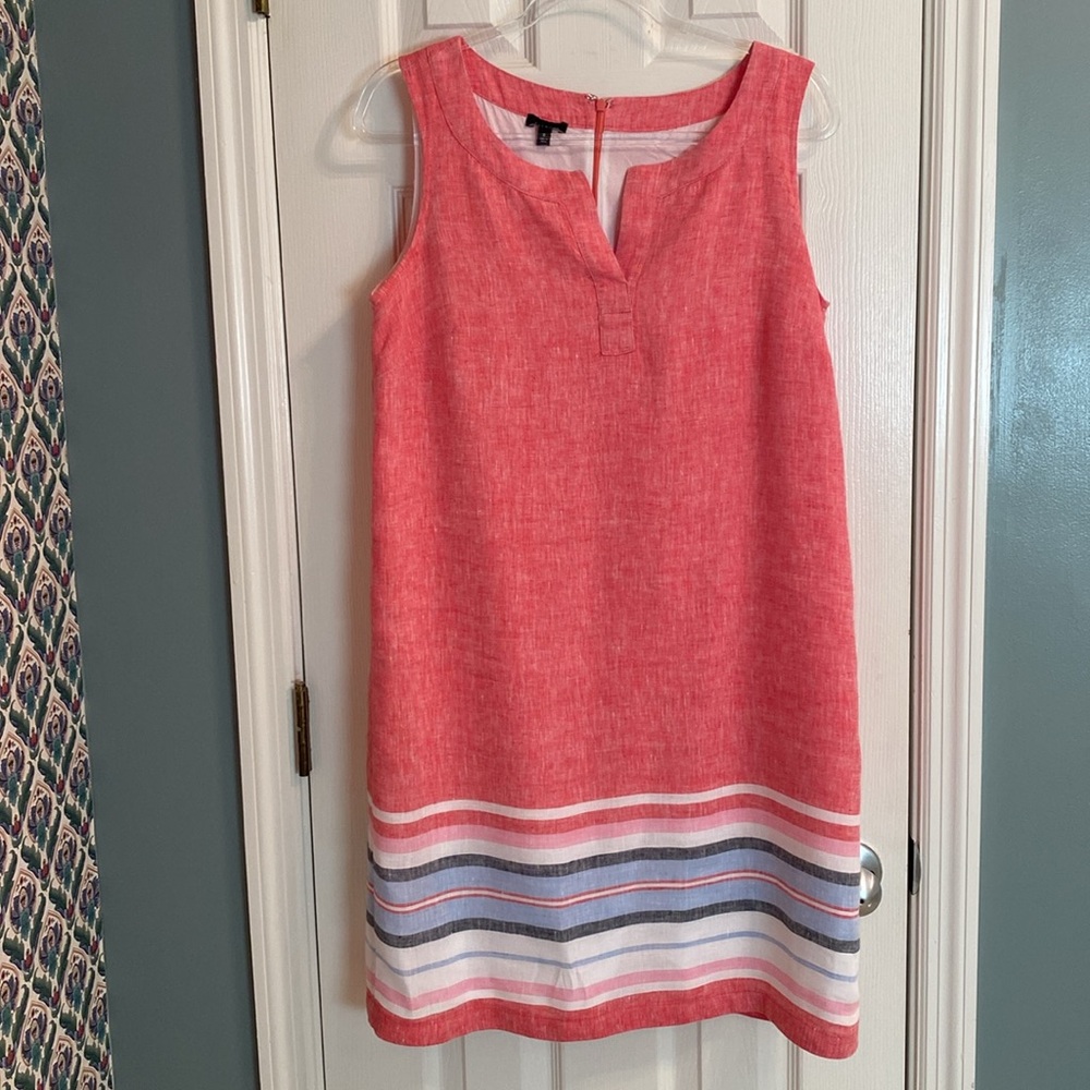 TALBOTS SZ 8 SLEEVELESS LINEN SHIFT DRESS - SEASIDE STRIPE -Excellent Condition